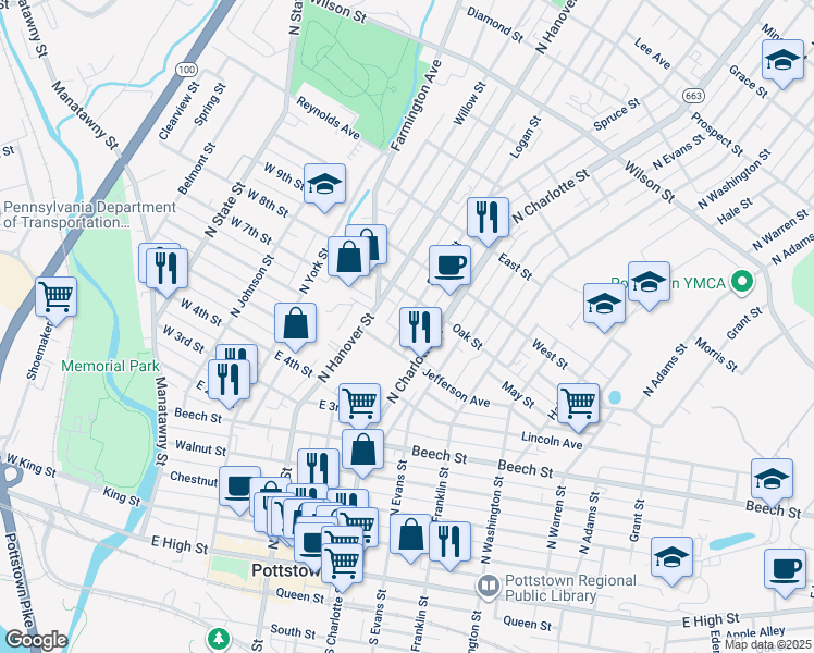 map of restaurants, bars, coffee shops, grocery stores, and more near 380 Spruce Street in Pottstown