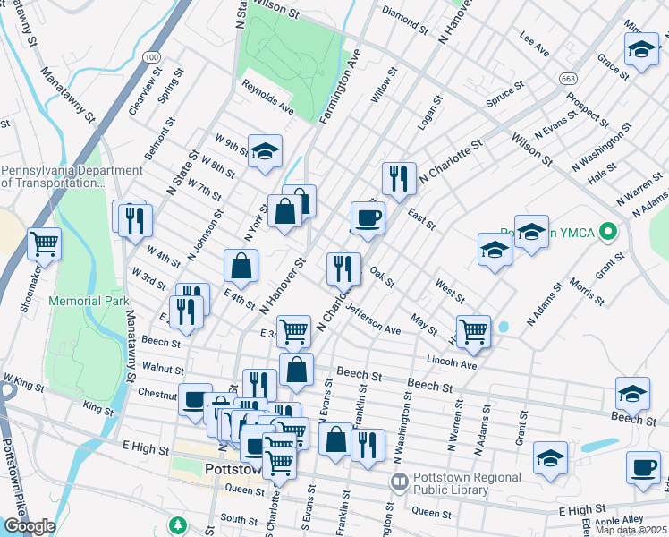 map of restaurants, bars, coffee shops, grocery stores, and more near 380 Spruce Street in Pottstown