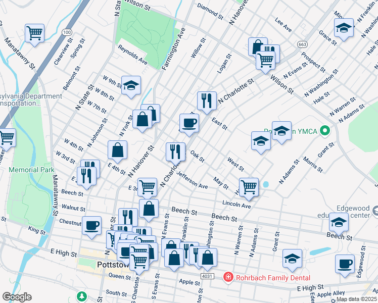 map of restaurants, bars, coffee shops, grocery stores, and more near 394 North Charlotte Street in Pottstown