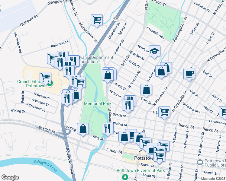 map of restaurants, bars, coffee shops, grocery stores, and more near 37 West 3rd Street in Pottstown