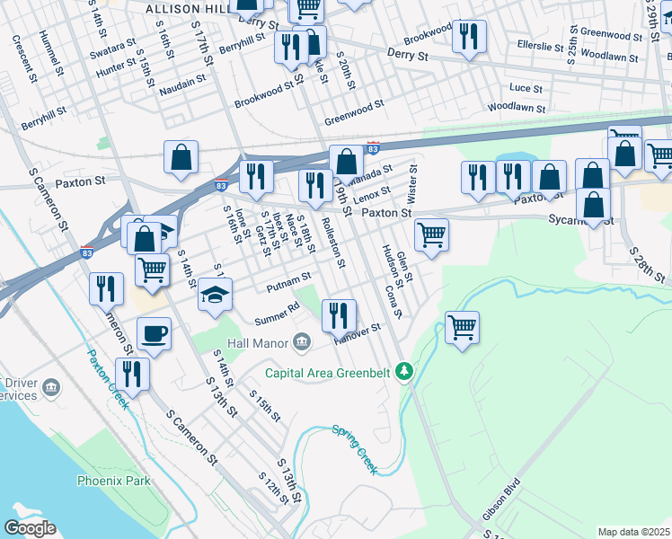 map of restaurants, bars, coffee shops, grocery stores, and more near 1128 Rolleston Street in Harrisburg