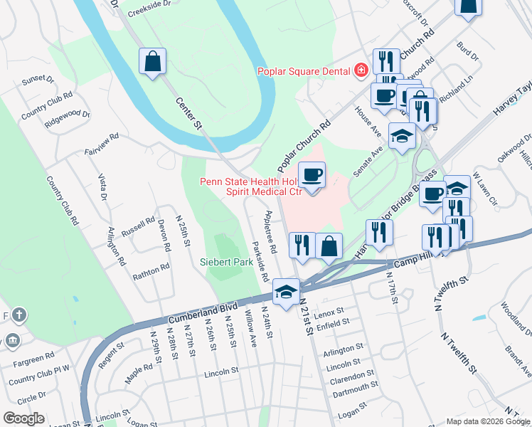 map of restaurants, bars, coffee shops, grocery stores, and more near 2106 Ridge Road in Camp Hill