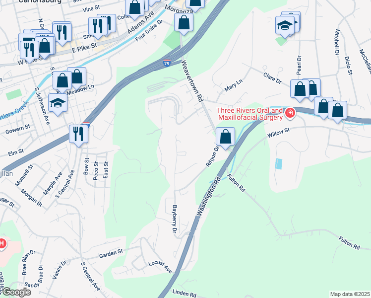 map of restaurants, bars, coffee shops, grocery stores, and more near 1170 Bayberry Drive in Canonsburg