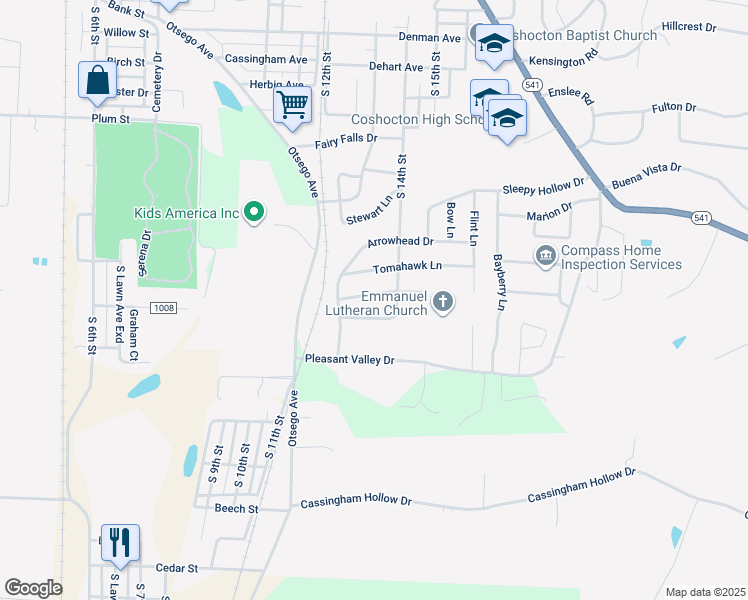 map of restaurants, bars, coffee shops, grocery stores, and more near 1337 Canoe Lane in Coshocton