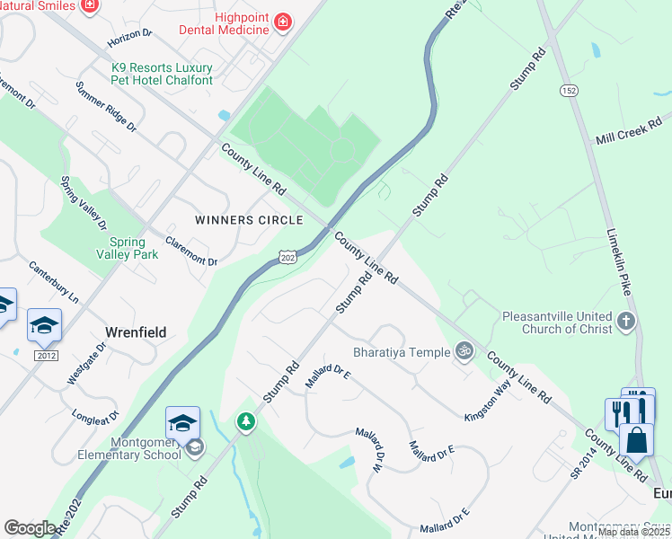 map of restaurants, bars, coffee shops, grocery stores, and more near 113 Blue Jay Way in North Wales