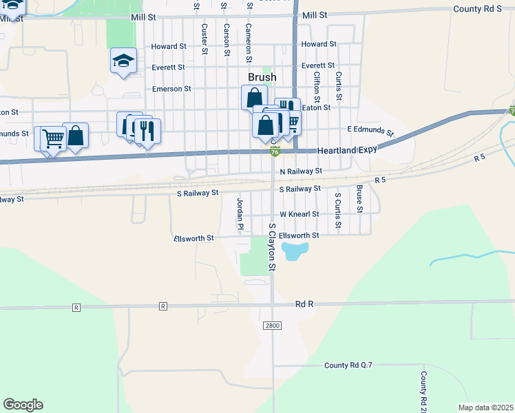 map of restaurants, bars, coffee shops, grocery stores, and more near 121 South Cameron Street in Brush