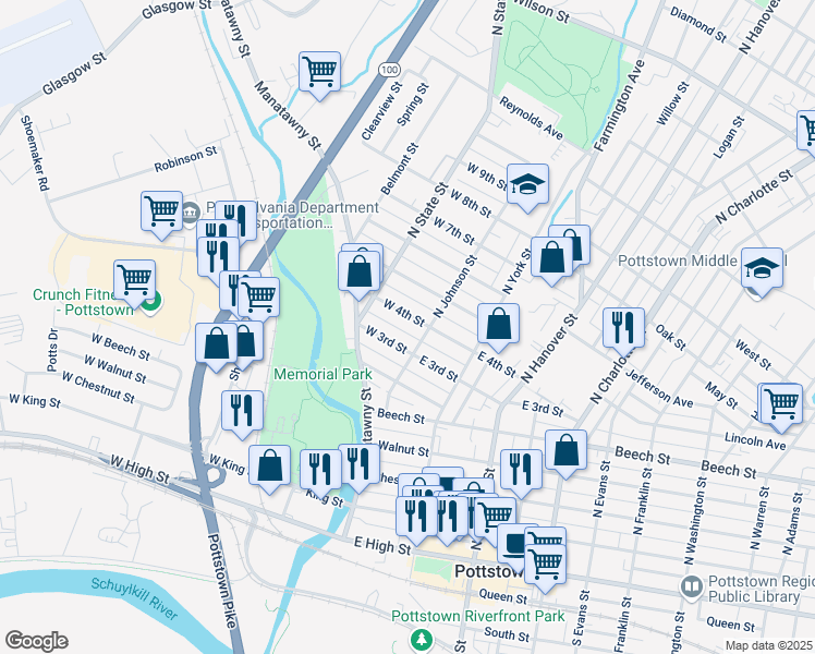 map of restaurants, bars, coffee shops, grocery stores, and more near 20 West 4th Street in Pottstown