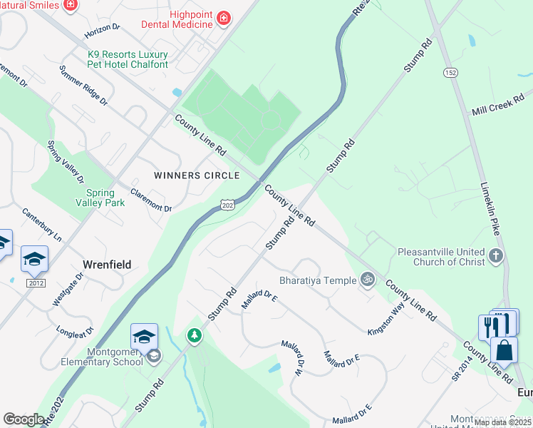 map of restaurants, bars, coffee shops, grocery stores, and more near 113 Blue Jay Way in North Wales