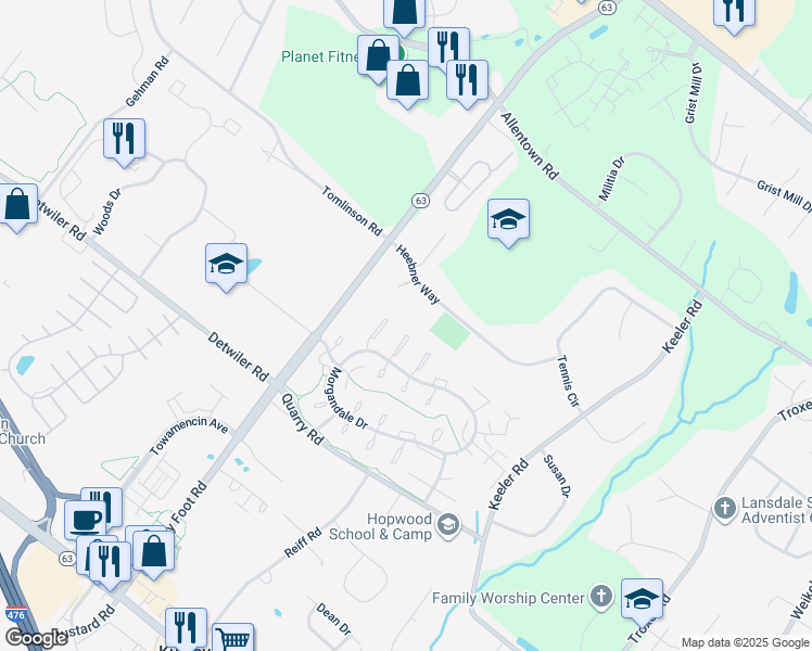 map of restaurants, bars, coffee shops, grocery stores, and more near 2422 Hillock Court in Lansdale