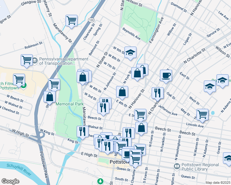 map of restaurants, bars, coffee shops, grocery stores, and more near 40 East 5th Street in Pottstown