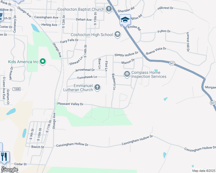 map of restaurants, bars, coffee shops, grocery stores, and more near 1728 Flint Lane in Coshocton