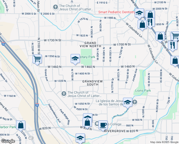 map of restaurants, bars, coffee shops, grocery stores, and more near 1548 West 1400 North Street in Provo