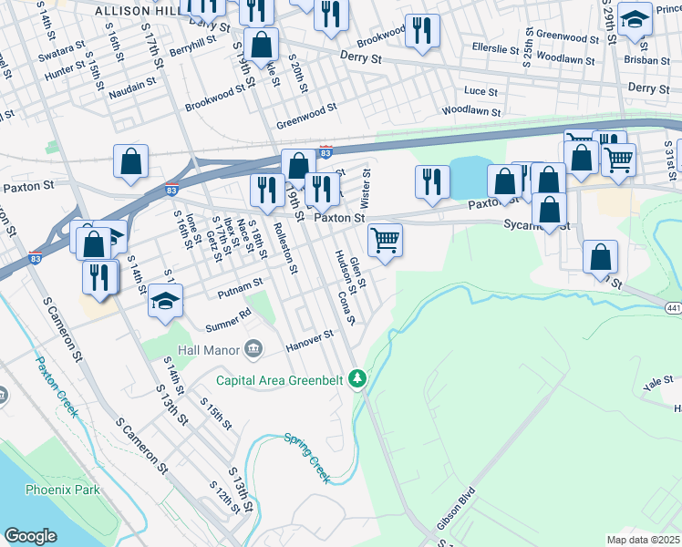 map of restaurants, bars, coffee shops, grocery stores, and more near 1148 Hudson Street in Harrisburg