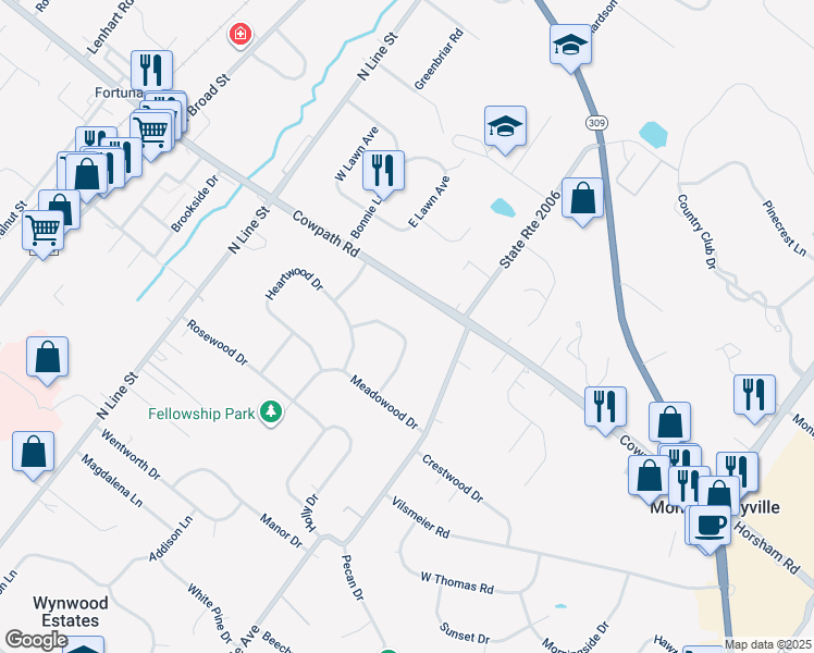 map of restaurants, bars, coffee shops, grocery stores, and more near 116 Knollwood Drive in Lansdale