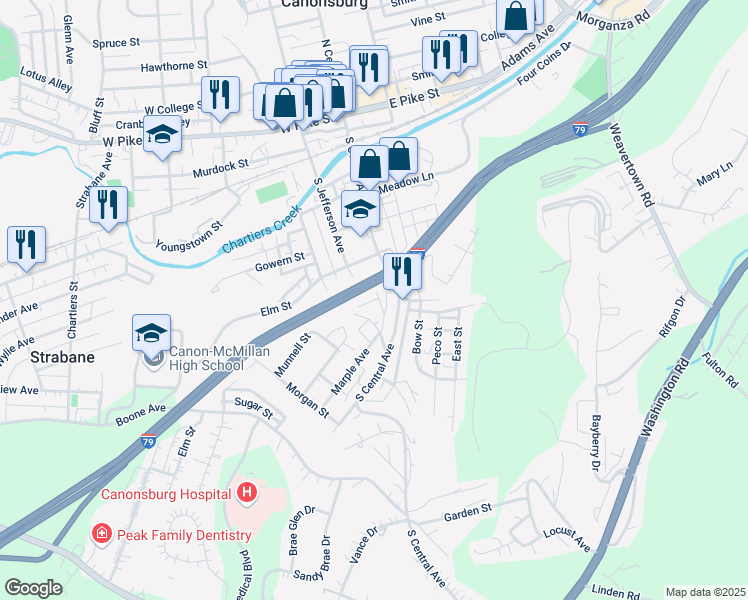 map of restaurants, bars, coffee shops, grocery stores, and more near 27 Munnell St in Canonsburg