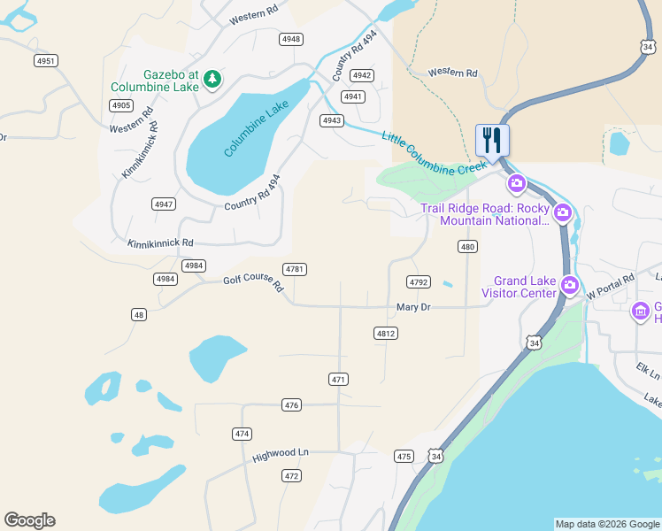 map of restaurants, bars, coffee shops, grocery stores, and more near 755 Jerico Road in Grand Lake