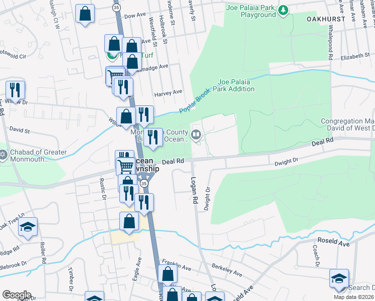 map of restaurants, bars, coffee shops, grocery stores, and more near 701-703 Deal Road in Monmouth County