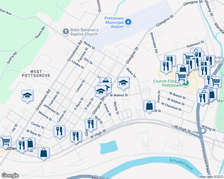 map of restaurants, bars, coffee shops, grocery stores, and more near 632 Glasgow St in Pottstown
