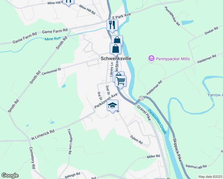 map of restaurants, bars, coffee shops, grocery stores, and more near 150 2nd Street in Schwenksville