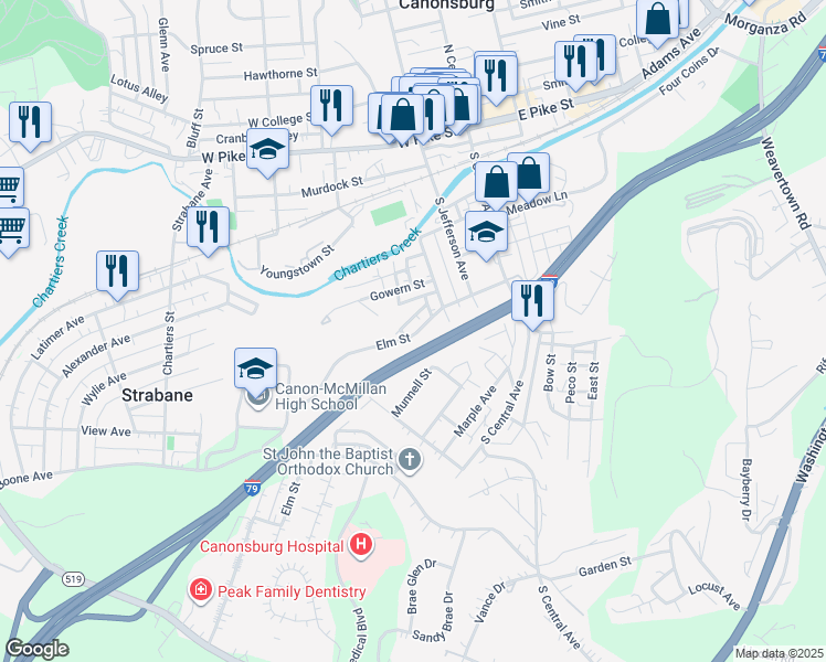 map of restaurants, bars, coffee shops, grocery stores, and more near 226 Elm Street in Canonsburg