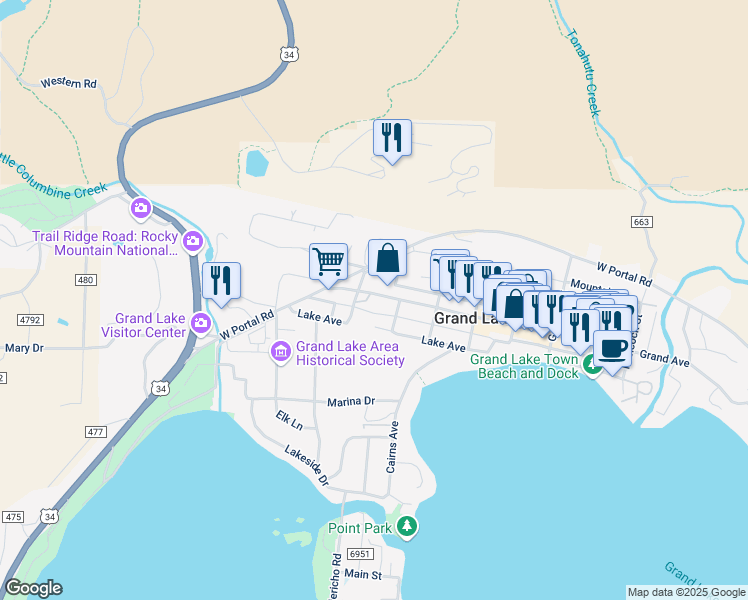 map of restaurants, bars, coffee shops, grocery stores, and more near 416 Grand Avenue in Grand Lake