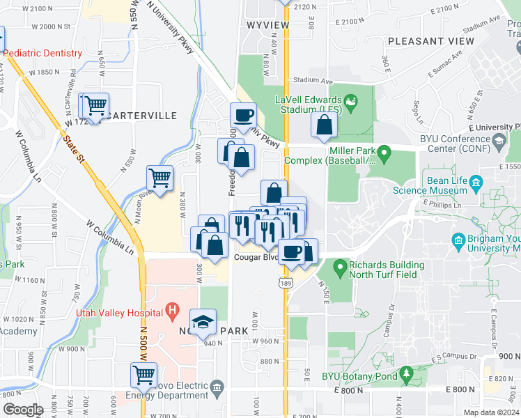 map of restaurants, bars, coffee shops, grocery stores, and more near 108 West 1230 North Street in Provo