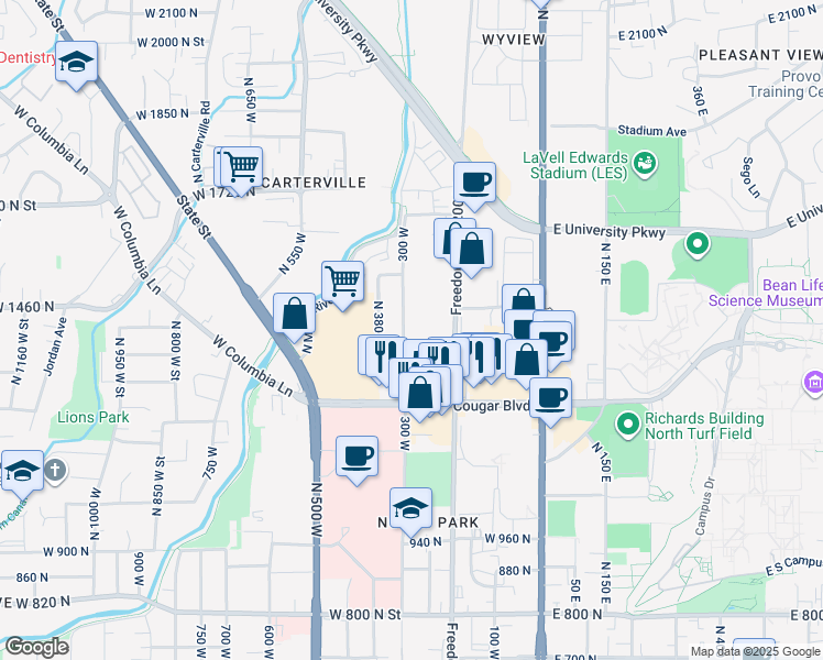 map of restaurants, bars, coffee shops, grocery stores, and more near 1355 Freedom Boulevard 200 West in Provo