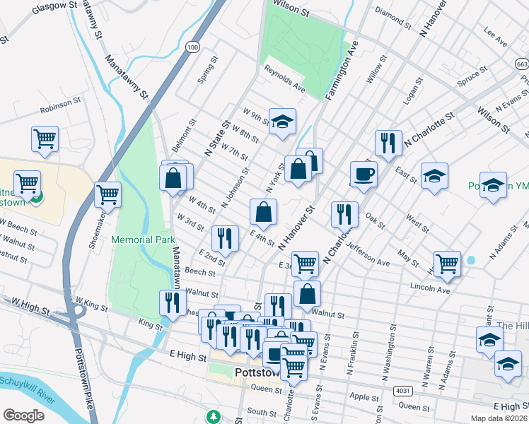 map of restaurants, bars, coffee shops, grocery stores, and more near 364 North York Street in Pottstown
