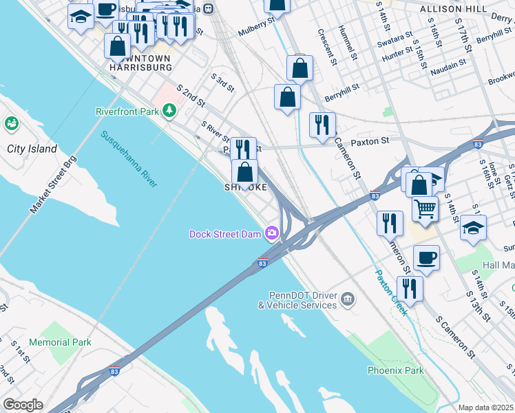 map of restaurants, bars, coffee shops, grocery stores, and more near 625 South Front Street in Harrisburg