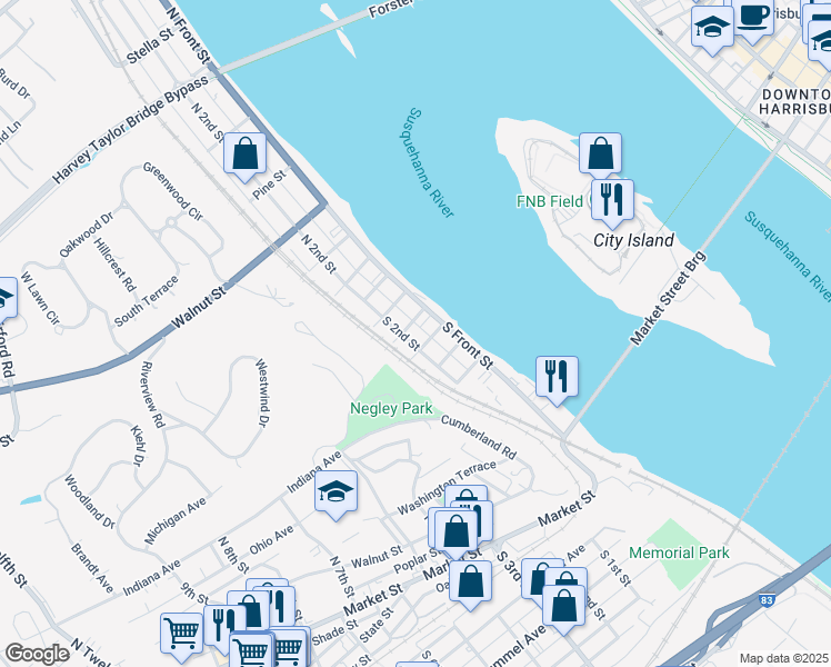 map of restaurants, bars, coffee shops, grocery stores, and more near 122 South 2nd Street in Wormleysburg