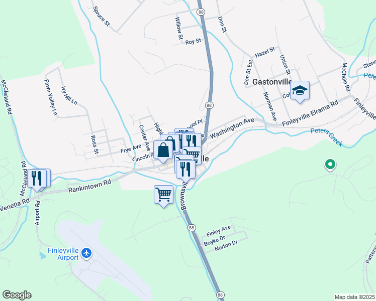 map of restaurants, bars, coffee shops, grocery stores, and more near 3546 Washington Avenue in Finleyville