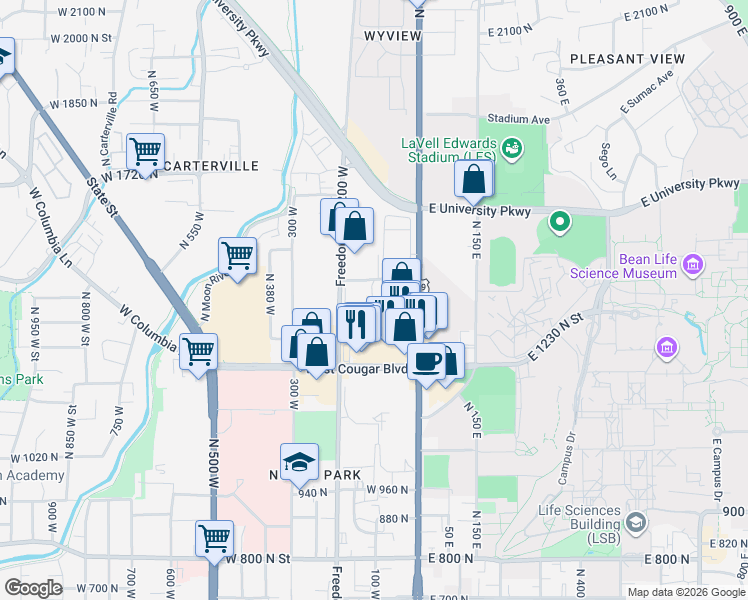map of restaurants, bars, coffee shops, grocery stores, and more near 112 West 1230 North Street in Provo