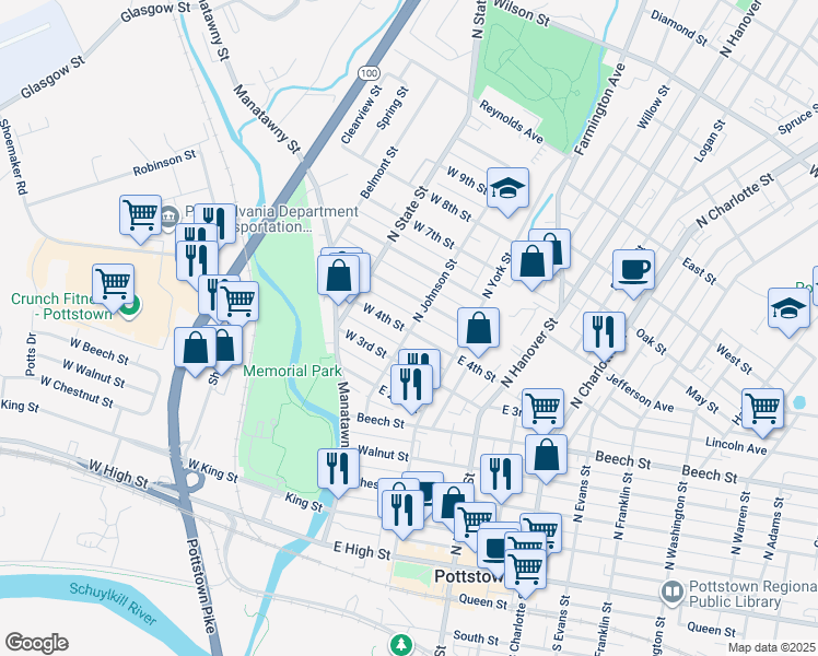 map of restaurants, bars, coffee shops, grocery stores, and more near 1 West 4th Street in Pottstown
