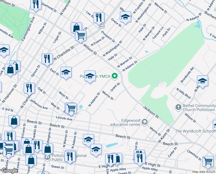map of restaurants, bars, coffee shops, grocery stores, and more near 716 North Adams Street in Pottstown