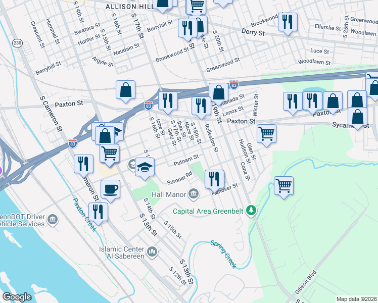 map of restaurants, bars, coffee shops, grocery stores, and more near 1710 Putnam Street in Harrisburg