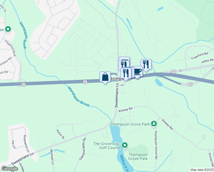 map of restaurants, bars, coffee shops, grocery stores, and more near 151 New Jersey 33 in Manalapan Township
