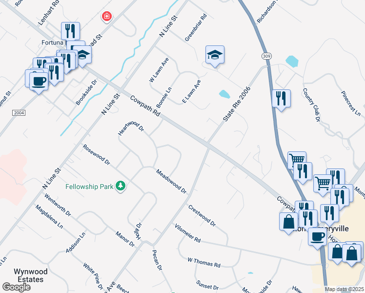 map of restaurants, bars, coffee shops, grocery stores, and more near 116 Knollwood Drive in Lansdale