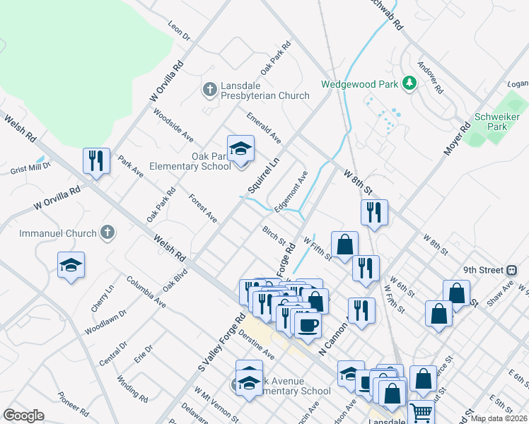 map of restaurants, bars, coffee shops, grocery stores, and more near 1057 Birch Street in Lansdale