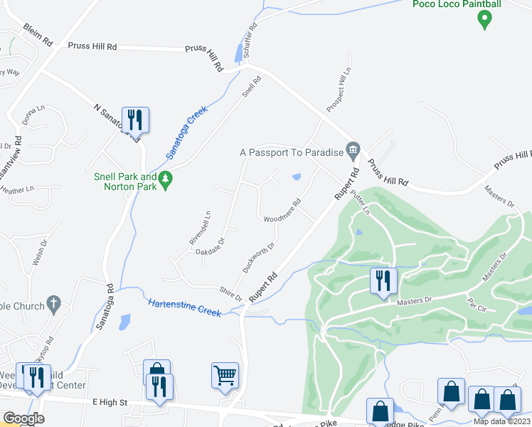 map of restaurants, bars, coffee shops, grocery stores, and more near 1263 Woodmere Road in Sanatoga