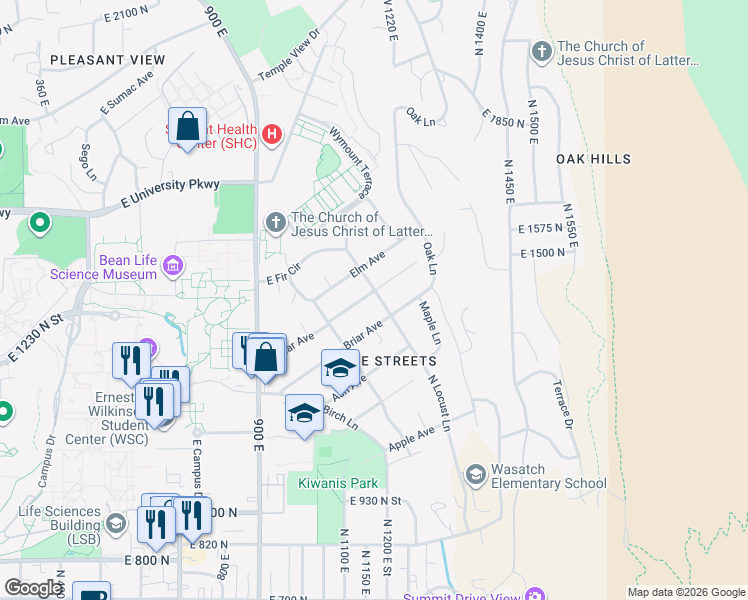 map of restaurants, bars, coffee shops, grocery stores, and more near 1411 North Locust Lane in Provo