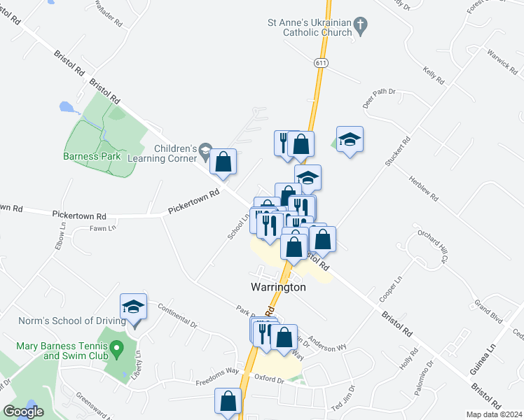 map of restaurants, bars, coffee shops, grocery stores, and more near 2473 Bristol Road in Warrington
