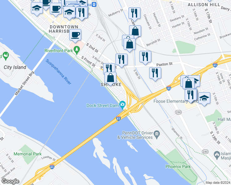 map of restaurants, bars, coffee shops, grocery stores, and more near 625 South Front Street in Harrisburg