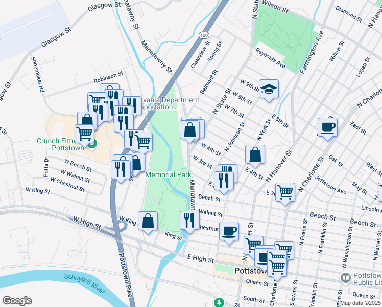 map of restaurants, bars, coffee shops, grocery stores, and more near 65 West 3rd Street in Pottstown