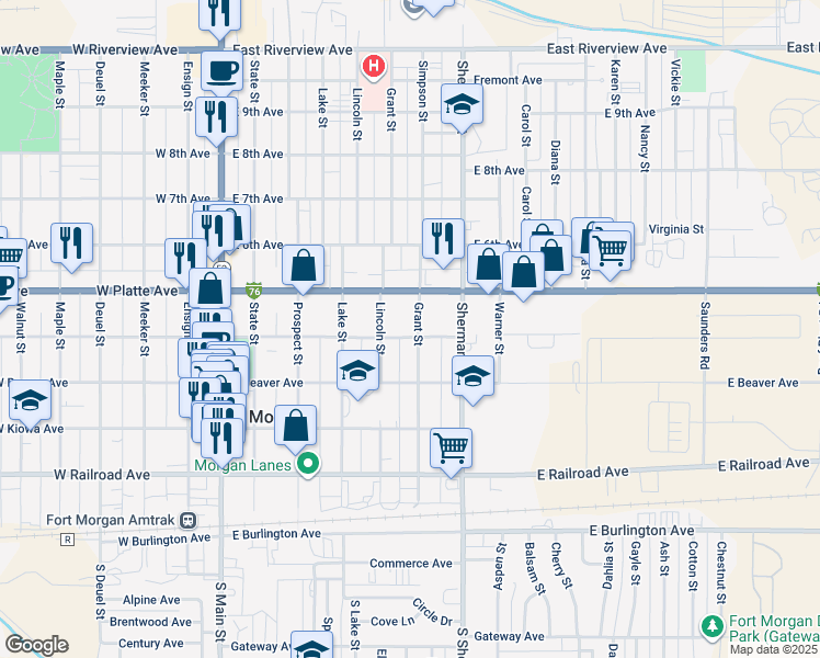 map of restaurants, bars, coffee shops, grocery stores, and more near 429 Grant Street in Fort Morgan