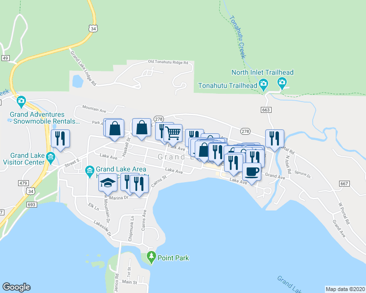 map of restaurants, bars, coffee shops, grocery stores, and more near in Grand Lake