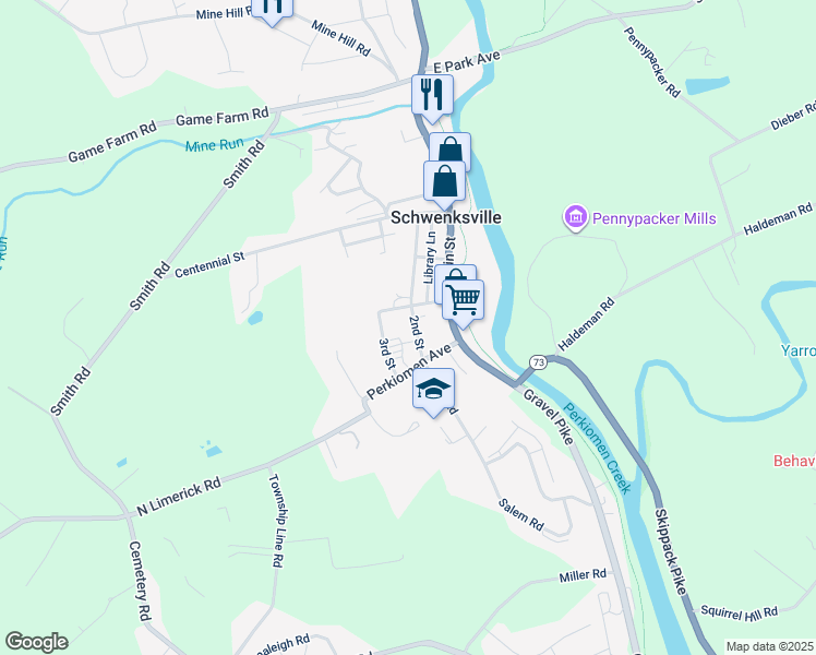 map of restaurants, bars, coffee shops, grocery stores, and more near 109 2nd Street in Schwenksville