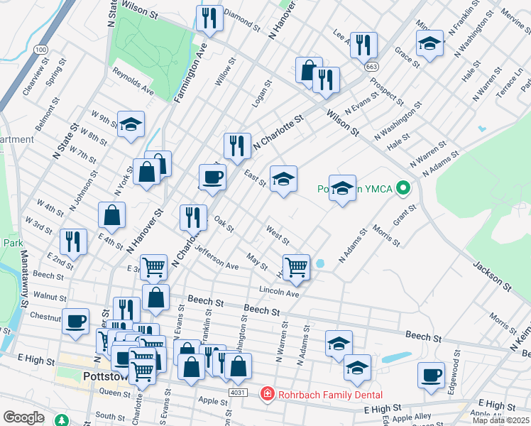 map of restaurants, bars, coffee shops, grocery stores, and more near 500 North Franklin Street in Pottstown