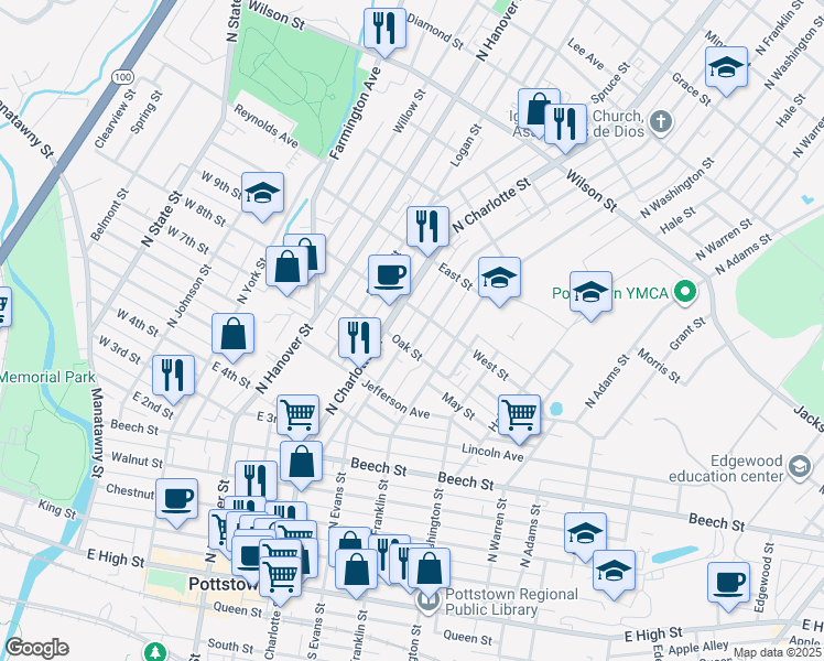 map of restaurants, bars, coffee shops, grocery stores, and more near 464 1/2 North Evans Street in Pottstown