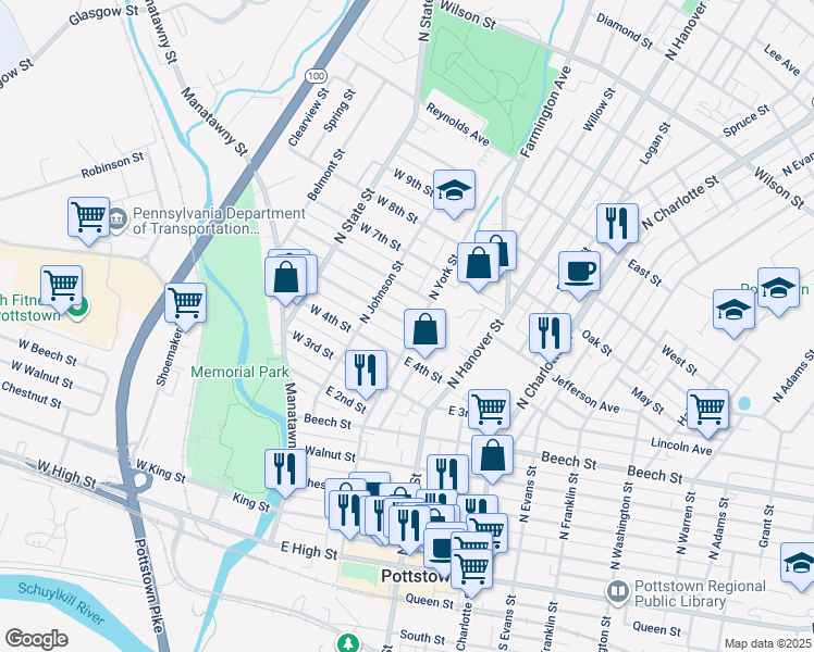 map of restaurants, bars, coffee shops, grocery stores, and more near 364 North York Street in Pottstown