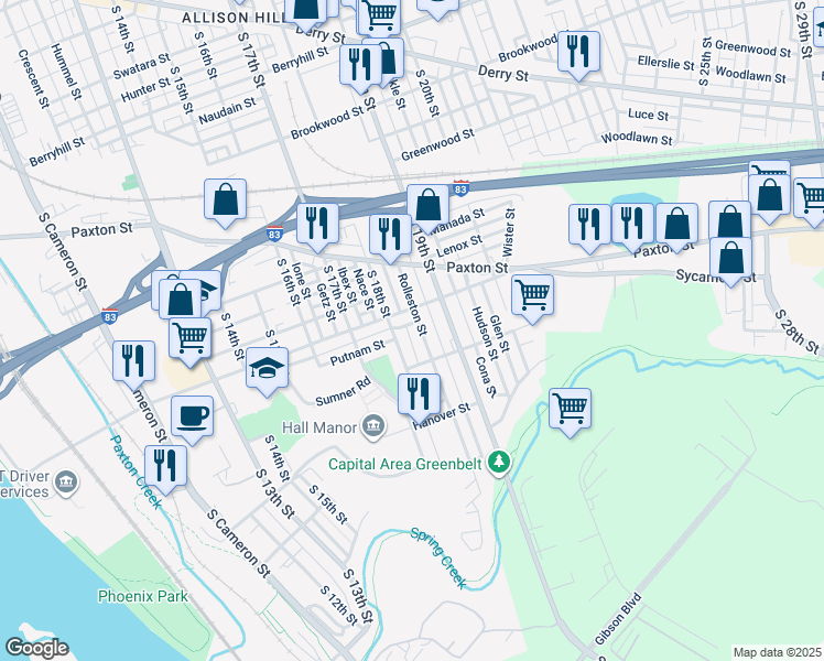 map of restaurants, bars, coffee shops, grocery stores, and more near 1136 Rolleston Street in Harrisburg